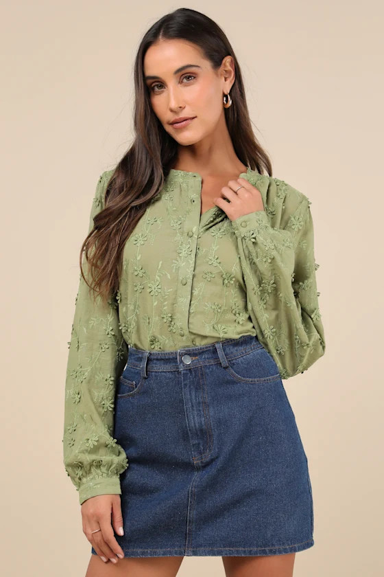 Contemporary Flirt Green Embroidered Balloon Sleeve Top | Lulus