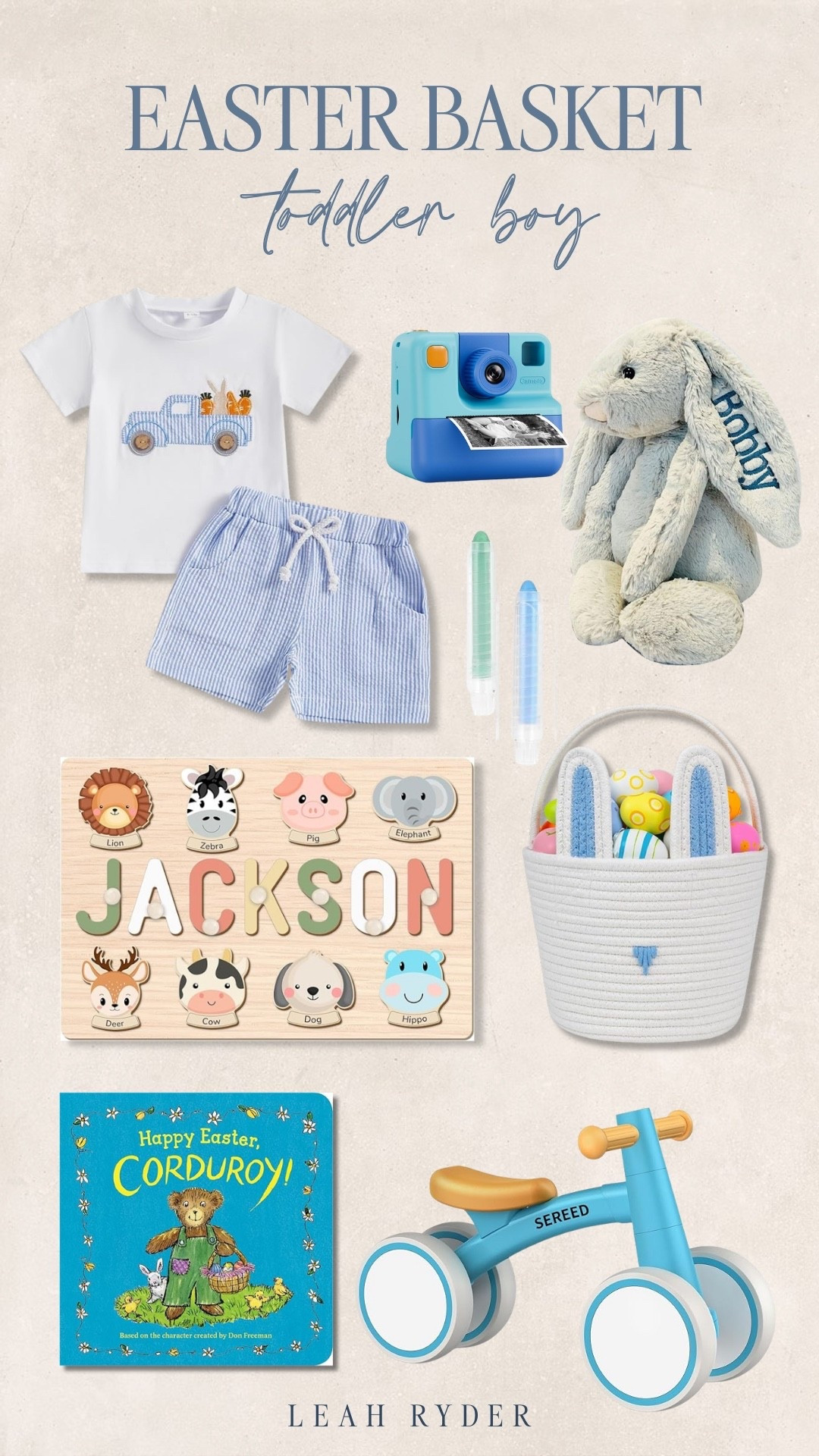 This toddler boy Easter basket includes playful gifts like a personalized name puzzle, a soft bunny plush, and a fun instant camera for capturing sweet moments. A cute spring outfit, colorful bath toys, and a balance bike add both fun and practical surprises for little ones. The bunny basket and Easter-themed book make it feel extra festive for the holiday. A toddler Easter basket like this blends toys, learning activities, and cozy keepsakes for a special Easter morning.

#LTKKids #LTKmomlife #LTKSeasonal