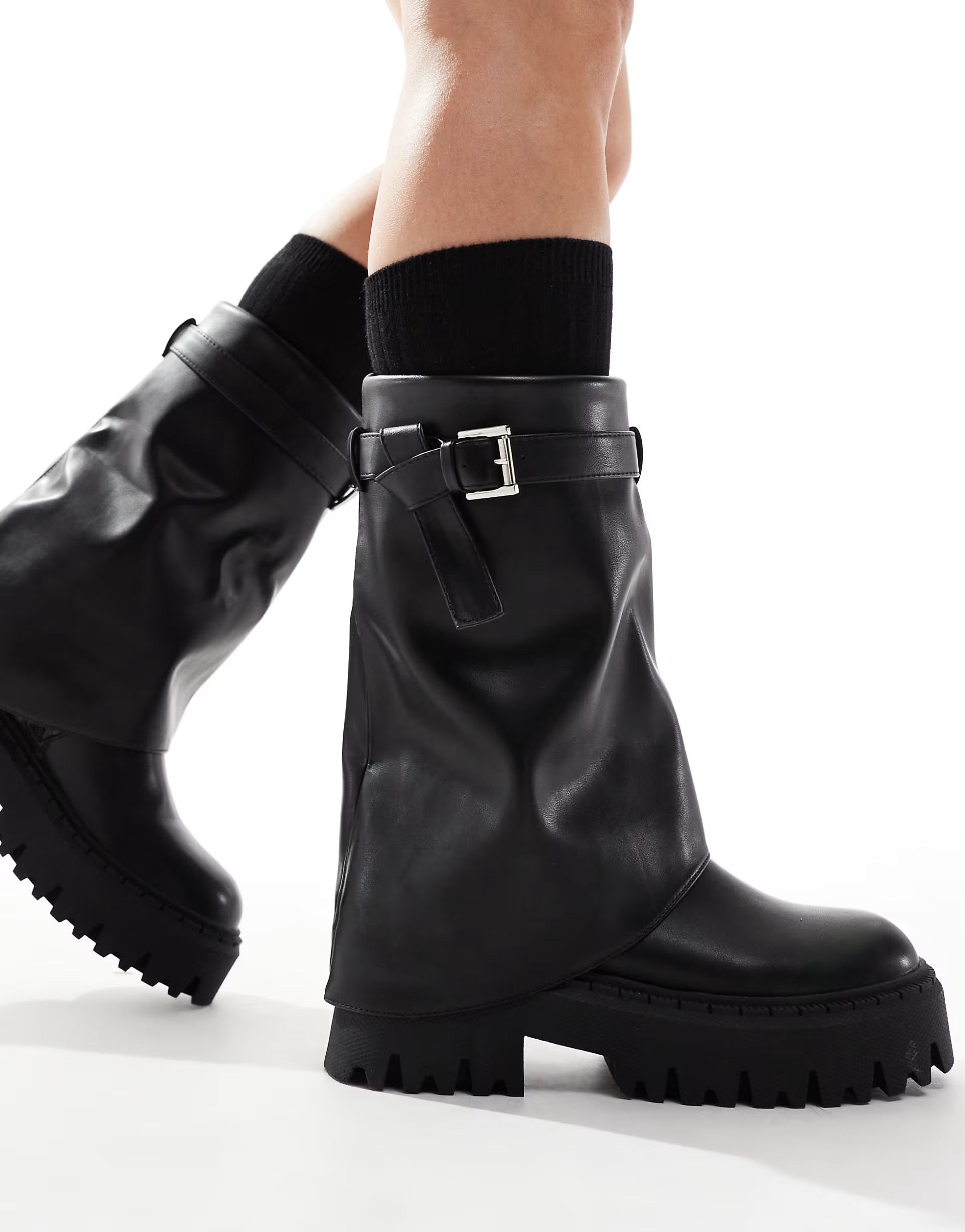 SEQWL Wide Fit chunky fold over boots in black | ASOS (Global)