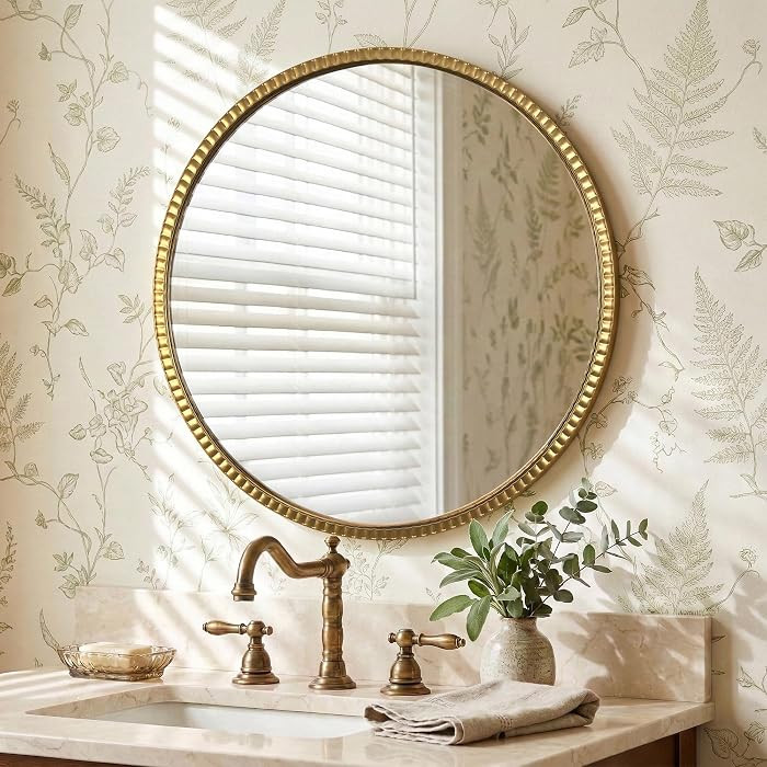 32" Large Gold Round Bathroom Wall Mounted Mirror with Vintage Metal Framed | Amazon (US)