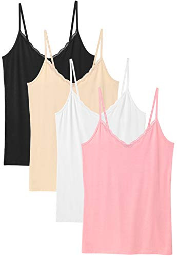 Rosyline V Neck Camisoles for Women Adjustable Lace Cami Undershirt Spaghetti Strap Lace Tank Top 4-Pack Black/Apricot/White/Pink L | Amazon (US)