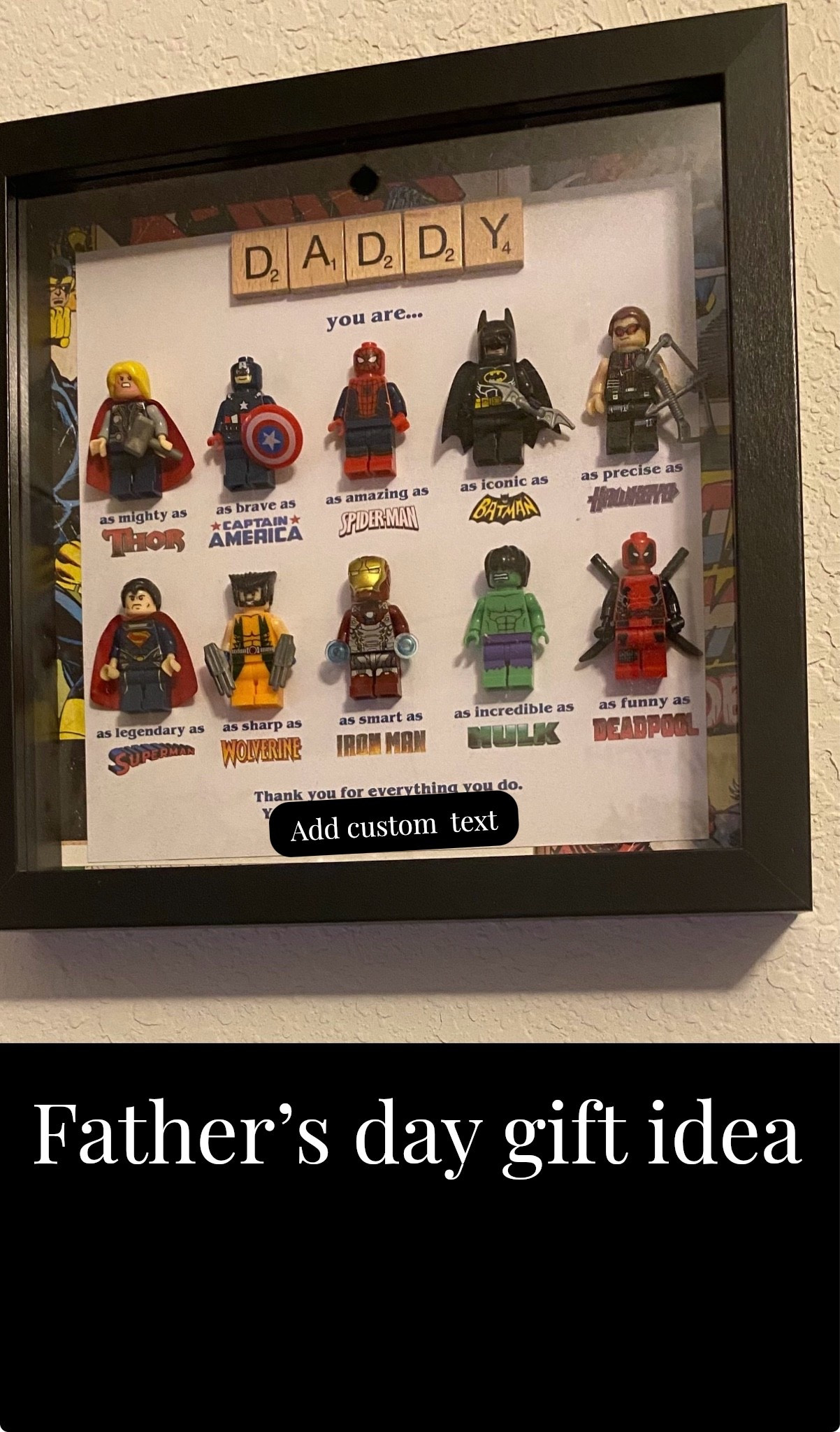 Father’s Day gift idea for the superhero dad 🦸‍♂️💙 This personalized LEGO superhero 
wall art frame is such a unique custom gift for dads, husbands, or any Marvel DC comics loving father figure. Perfect for Father’s Day 2026, birthday gifts for dad, man cave decor, office decor, gamer room decor, and sentimental family keepsakes. A fun personalized dad gift that turns your favorite superheroes into meaningful wall art he’ll treasure forever. #FathersDayGift #GiftForDad #MarvelDad #SuperheroDad #DCcomics #PersonalizedGift #CustomDadGift #FathersDay2026 #DadGiftIdeas #MarvelDecor #LegoInspired #ManCaveDecor #DadRoomDecor #SuperheroGift #LTKGiftGuide