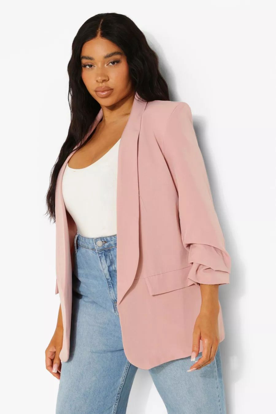 Plus Stretch Woven Ruched Sleeve Blazer | Boohoo.com (UK & IE)