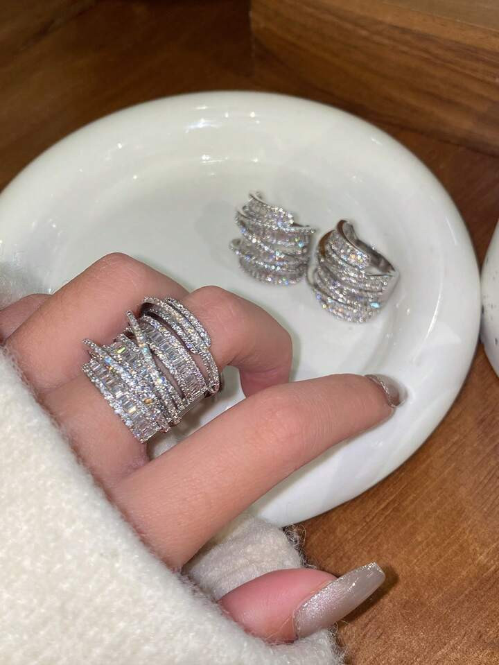 1pc Luxurious High-End Wide-Band Stacked Birthstone & Cubic Zirconia Inlay Ring With Shiny Unique... | SHEIN