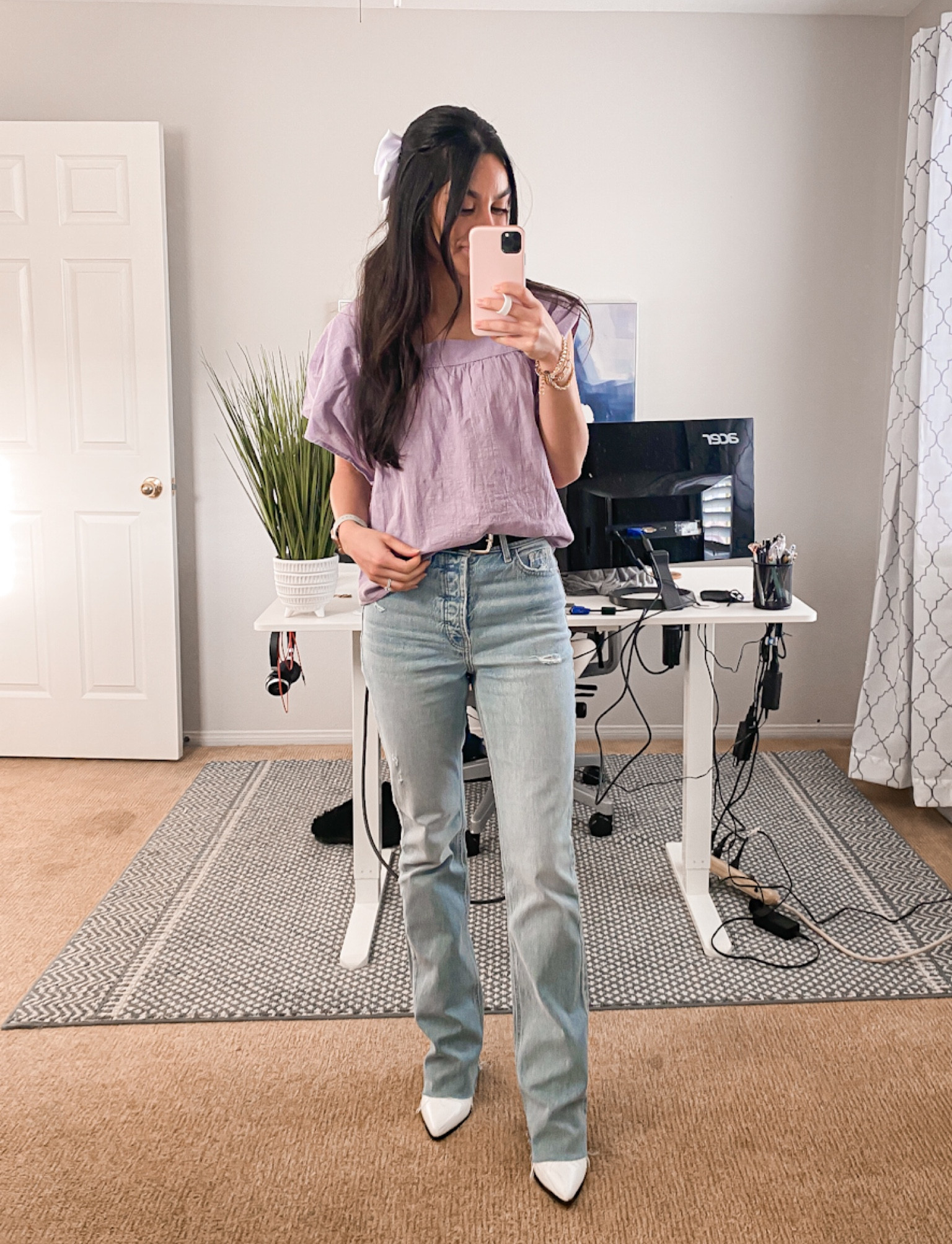 Today’s outfit for #InternationalWomensDay 💜

Jeans | size 0
Top | size small, would size down to XS

#officeoutfitinspo #workwear #casualworkoutfit

#LTKworkwear #LTKunder50 #LTKsalealert