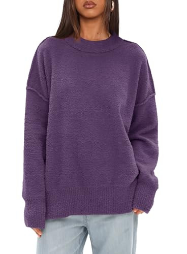 Darong Women Oversized Fuzzy Knit Sweater Long Sleeve Crew Neck Pullover Sweaters Fall Cloth 9101 Purple M | Amazon (US)