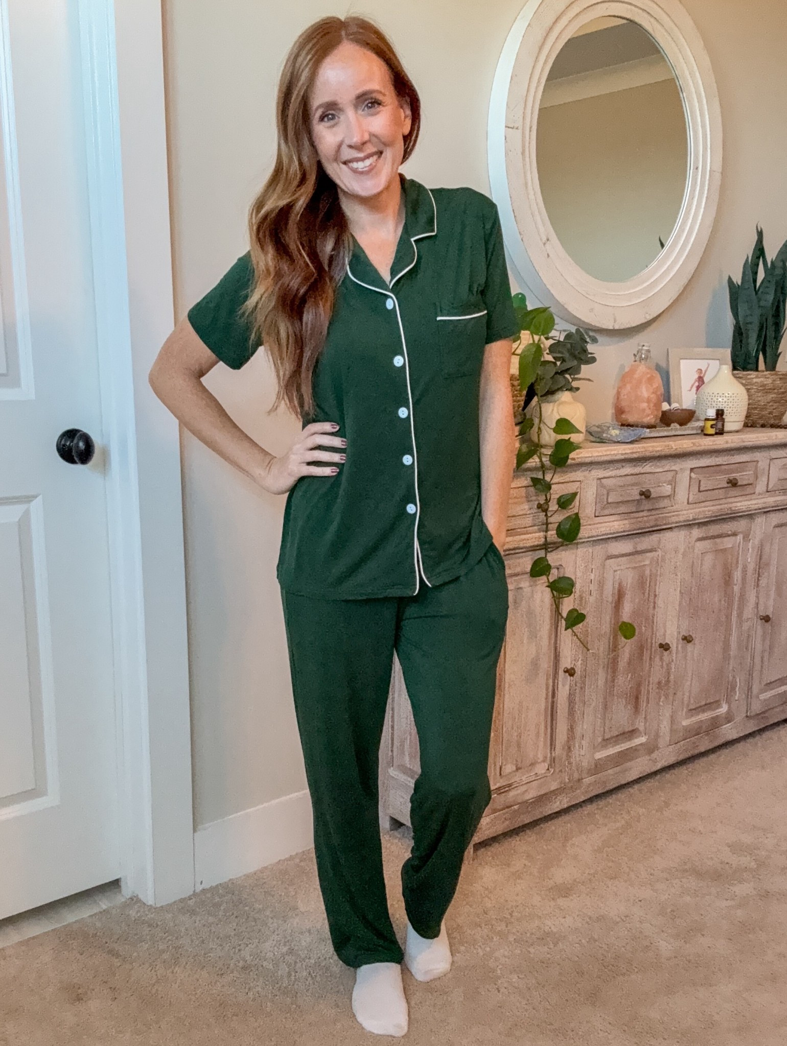 The cutest PJ’s for the holiday season. Buttery soft material, functional buttons, pockets, and elastic waistband. I am 5’3”, 115lbs and I got the size small. Perfect fit. Comes in a bunch of colors, also a beautiful red which is also perfect for the holidays.

#LTKOver40 #LTKmomlife #LTKHoliday