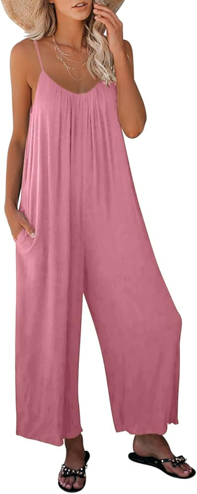 Dokotoo Women's Loose Black Jumpsuits for Women Adjustable Spaghetti Strap Stretchy Wide Leg Soli... | Amazon (US)