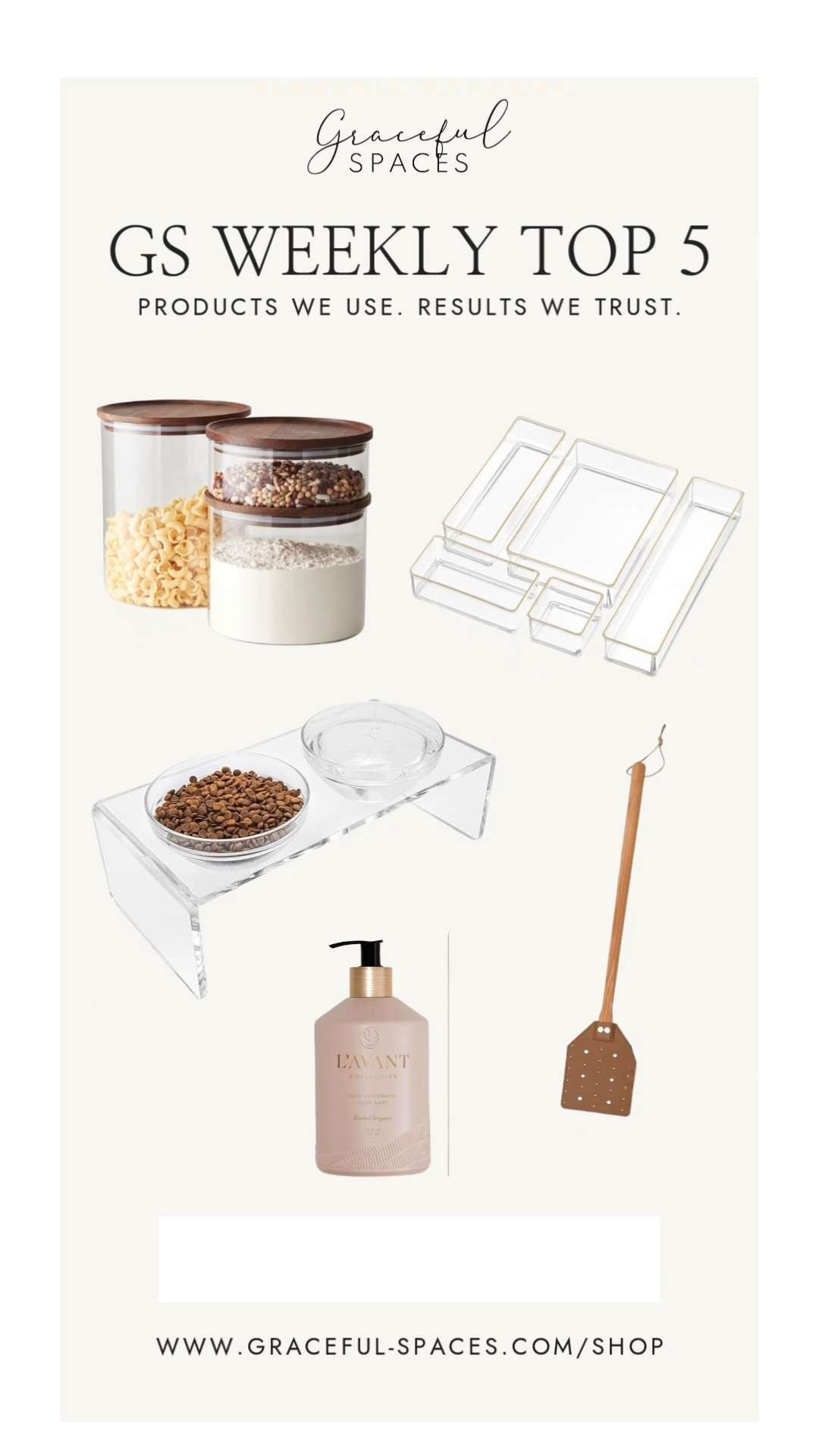 This week's Top 5 are all featured in our latest home tour, The Midland Legacy.  Gorgeous acacia canisters from Williams Sonoma.  Gold trim drawer organizers from The Container Store.  Amazon favorites: L'AVANT Hand Soap, our favorite leather fly swatter, and acrylic pet bowls. 

 #LTKHome