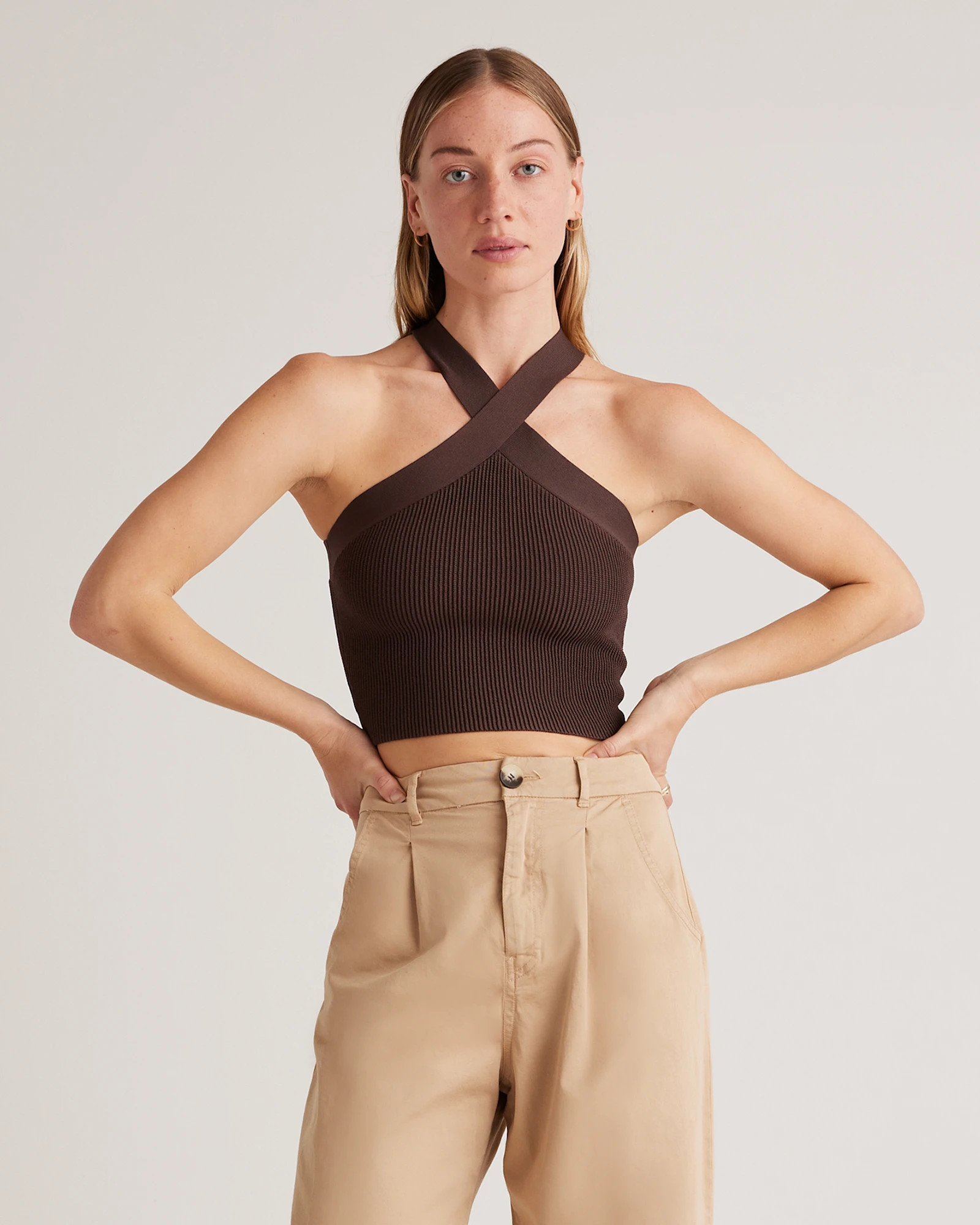 Cropped Halter Ribbed Knit Tank | Quince