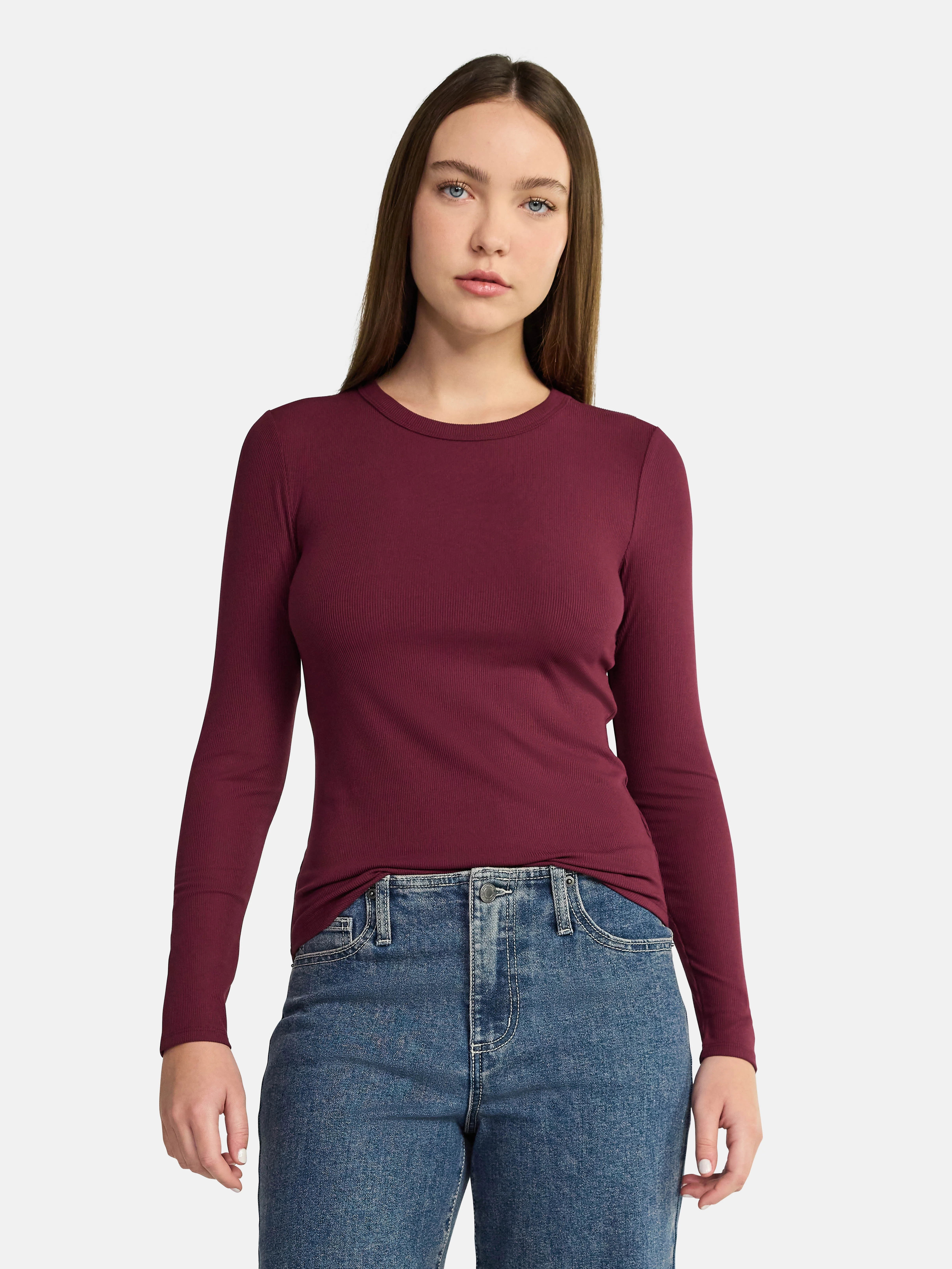 No Boundaries Ribbed Crewneck Tee with Long Sleeves, 1 or 2-Pack, Women's & Women's Plus | Walmart (US)