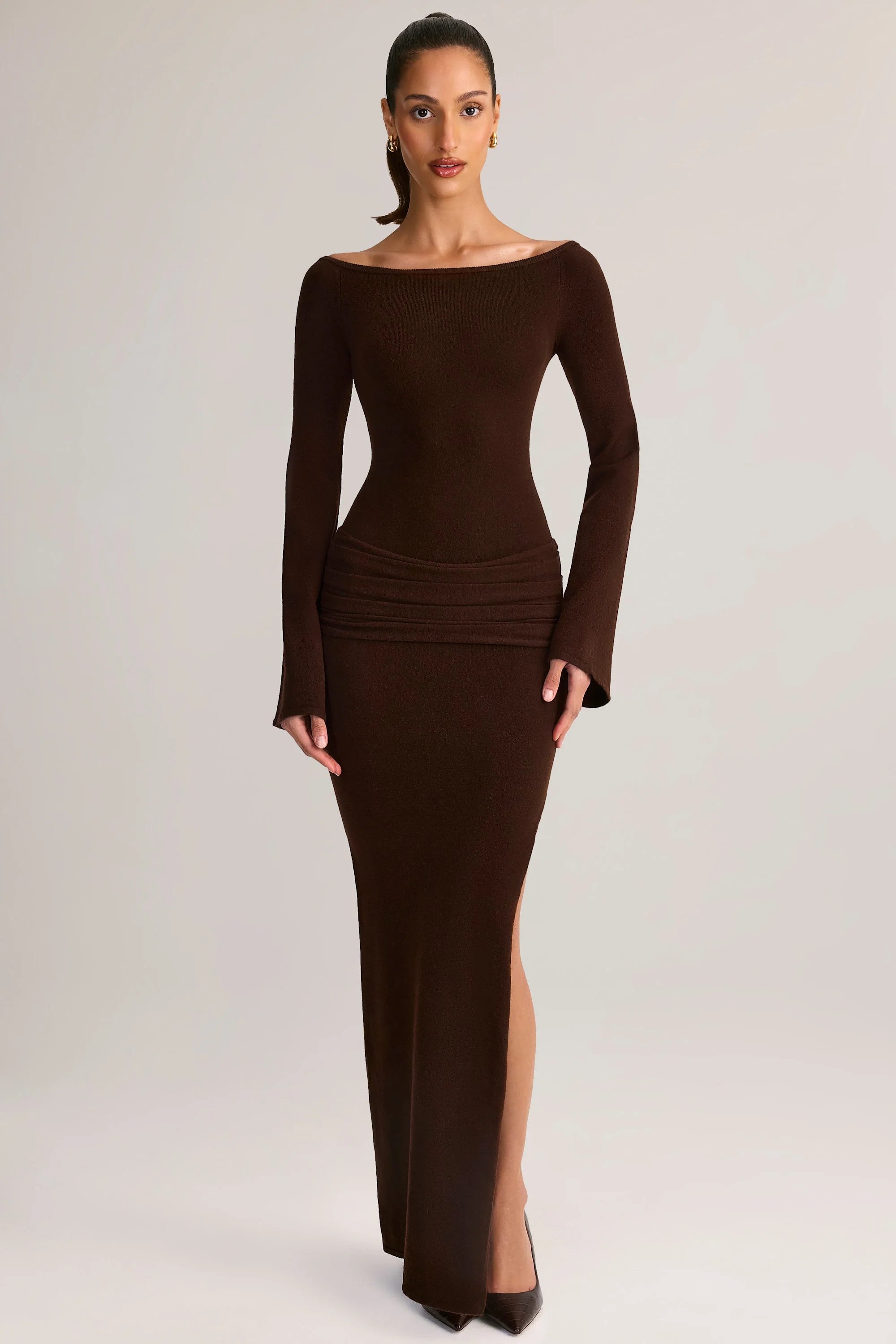 Knit Boat-Neck Long-Sleeve Maxi Dress in Chocolate Brown | Oh Polly
