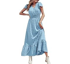 PRETTYGARDEN Womens Dresses 2023 Boho Dress Short Sleeve V Neck Swiss Dot Ruffle Tiered Maxi Dress S | Amazon (US)
