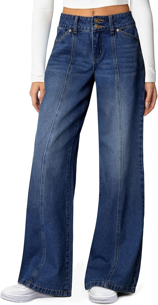 Sidefeel Women's Wide Leg Jeans High Waisted Stretchy Straight Leg Jeans Trendy Seamed Front Loos... | Amazon (US)