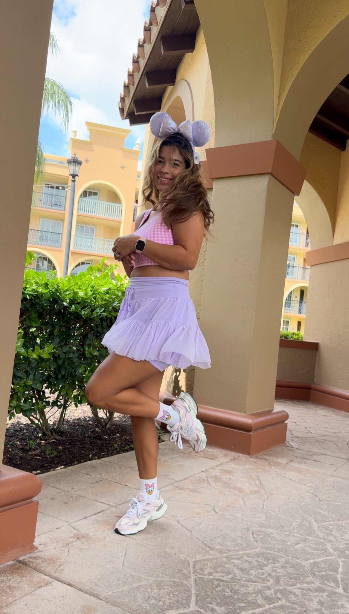 Daisy Duck–inspired Disney day look 💜✨
This pastel outfit is giving girly, comfy, and park-ready! I linked the exact pieces (or super similar finds):
🩷 Gingham crop top
💜 Ruffle pleated skirt with built-in shorts
🧦 Daisy Duck socks
👟 Pastel chunky sneakers
🎀 Glitter Minnie ears

Perfect for a fun park day or a cute summer outing! Everything is linked below 💫 #LTKDisney #LTKStyle #LTKOutfit #DisneyStyle #DaisyInspired #ParkFit #LTKUnder100