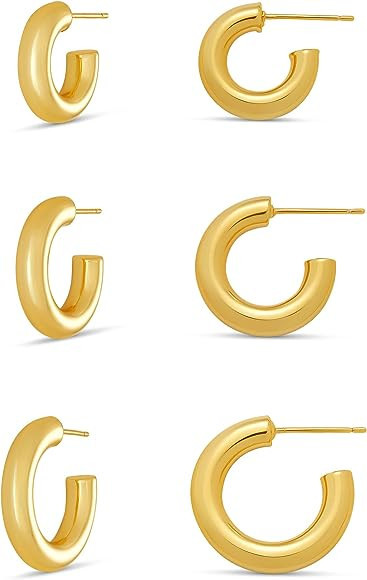 Amazon Essentials 14K Gold or Sterling Silver Plated Thick Tube Hoop Set | Amazon (US)