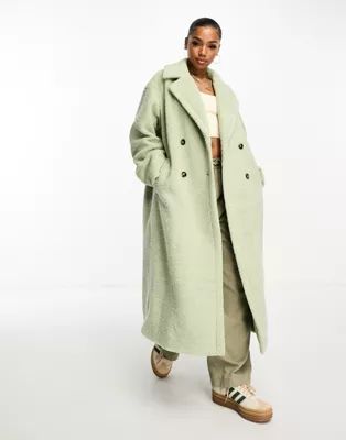 The Frolic soft borg double breasted cocoon coat in soft sage | ASOS (Global)