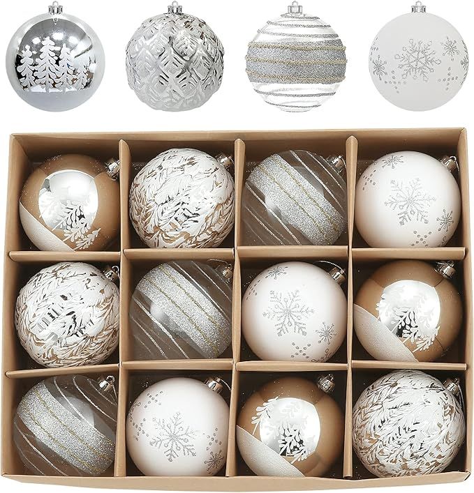 WBHome 12ct Christmas Ball Ornaments Set 3.94 inches / 100mm Sliver White | Amazon (US)