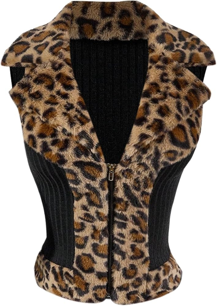 Milumia Women's Leopard Print Faux Fur Vest Zip Up Sleeveless Lapel Collar Jackets Coats | Amazon (US)