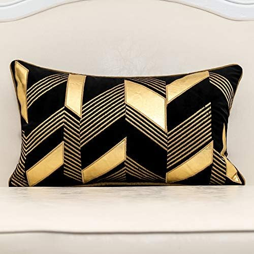 Alerfa 12 x 20 Inches Black Geometric Gold Leather Striped Cushion Cases Embroidery Modern Throw ... | Amazon (US)