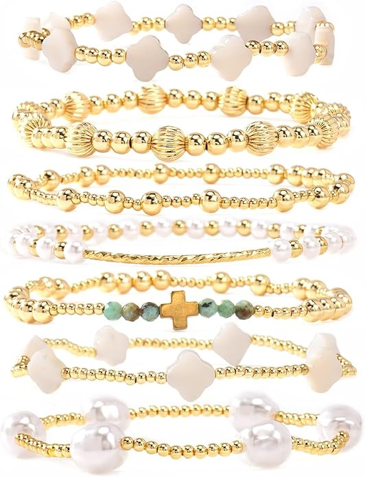 Dainty Cross Clover Gold Beaded Pearl Bracelet Stack for Women,Handmade Boho Gold Plated Beads St... | Amazon (US)