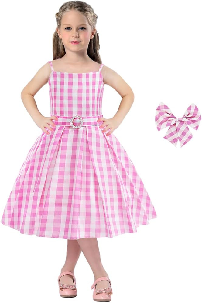 Kids Costume Dress Girls Halloween Costume Princess Cosplay Pink Plaid Dress with Pearl Buckled B... | Amazon (US)