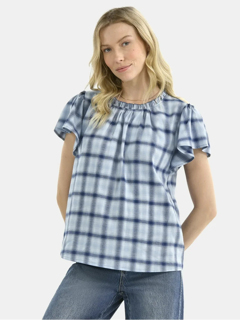 Time and Tru Women's Cotton Ruffle Neck Blouse with Flutter Sleeves, Sizes XS-XXXL | Walmart (US)
