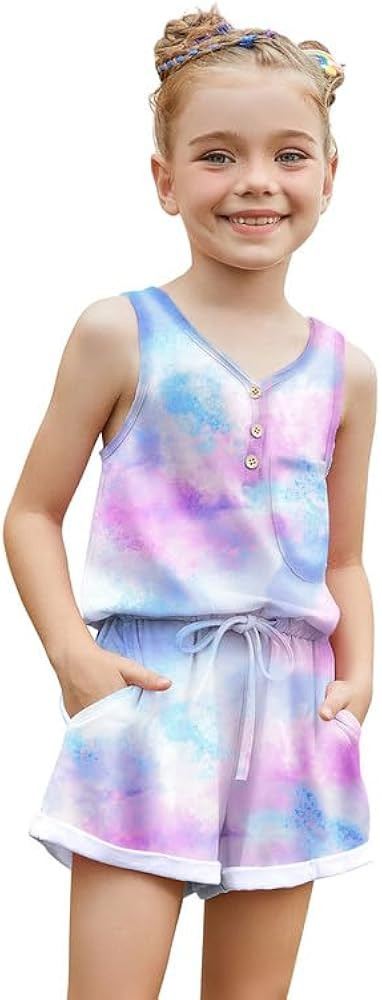 Mirawise Girls Romper Sleeveless Jumpsuit Button Kids Summer Clothes Casual Outfits V Neck Tie Fr... | Amazon (US)