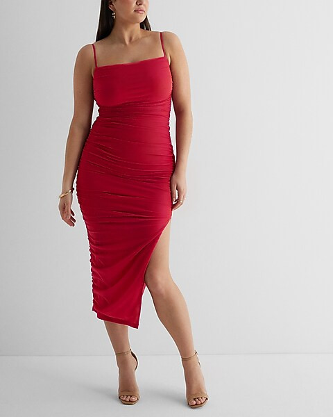 Body Contour Mesh Ruched Side Slit Midi Dress | Express