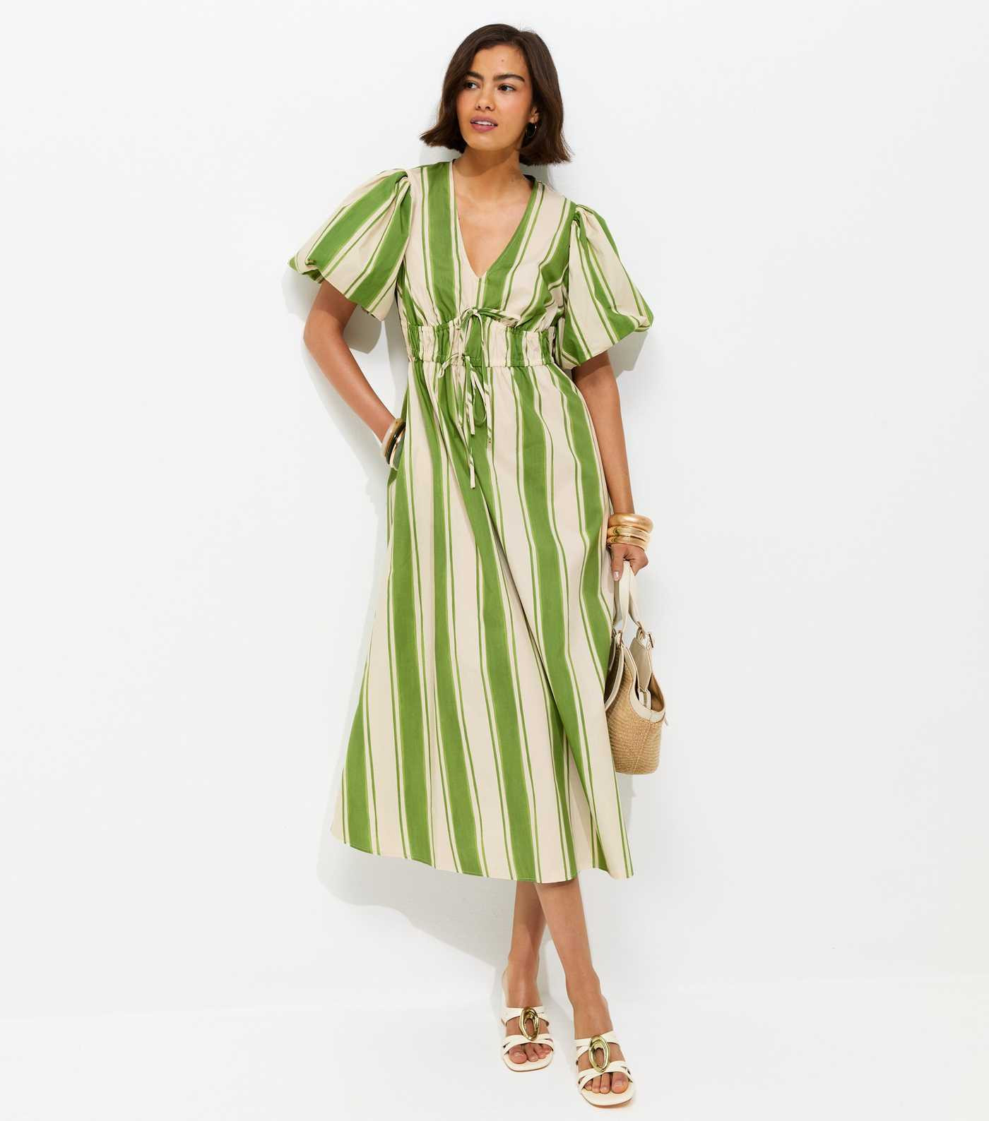 Green Striped Puff Sleeve Midi Dress | New Look | New Look (UK)