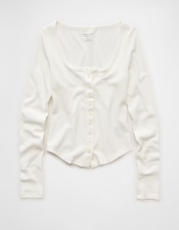 AE Waffle Long Sleeve Button-Up Tee | American Eagle Outfitters (US & CA)