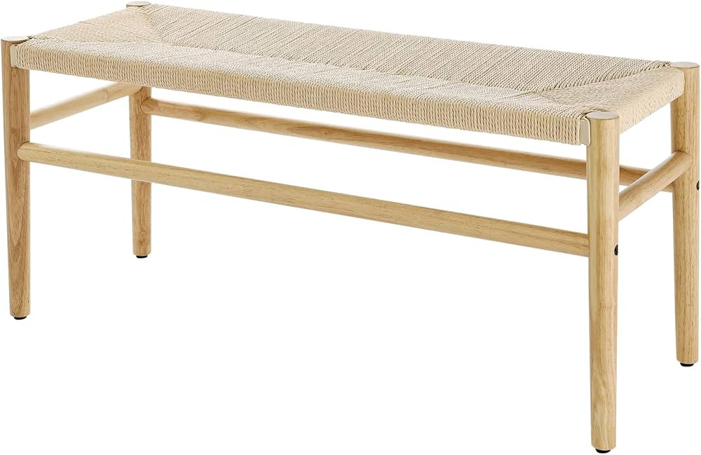 Recaceik Indoor Entryway Bench with Paper Cord Ottoman, Mid-Century Long Bench with Rubber Wood L... | Amazon (US)