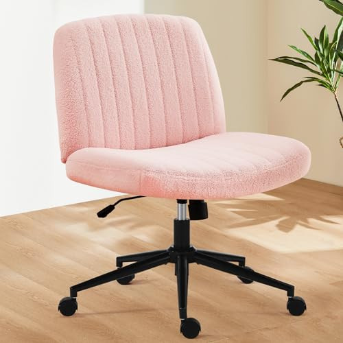 Sweetcrispy Criss Cross Office Chair with Wheels, Wide Armless Home Office Desk Chair with Dual-Purpose Base, Swivel Adjustable Teddy Fabric Task Vanity Computer Chair, Teddy Pink | Amazon (US)
