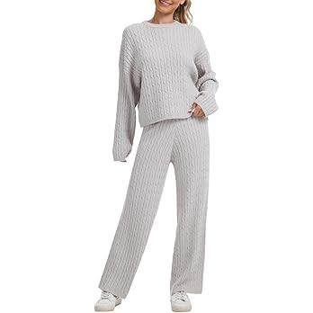 AnotherChill Women's Cable Knit Sweater Lounge Set – Long Sleeve Pullover Top with Wide Leg Pan... | Amazon (US)