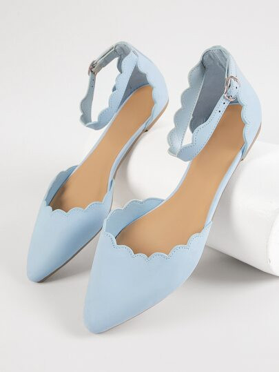 Faux Leather Scalloped Pointed Toe Ankle Strap Flats | SHEIN