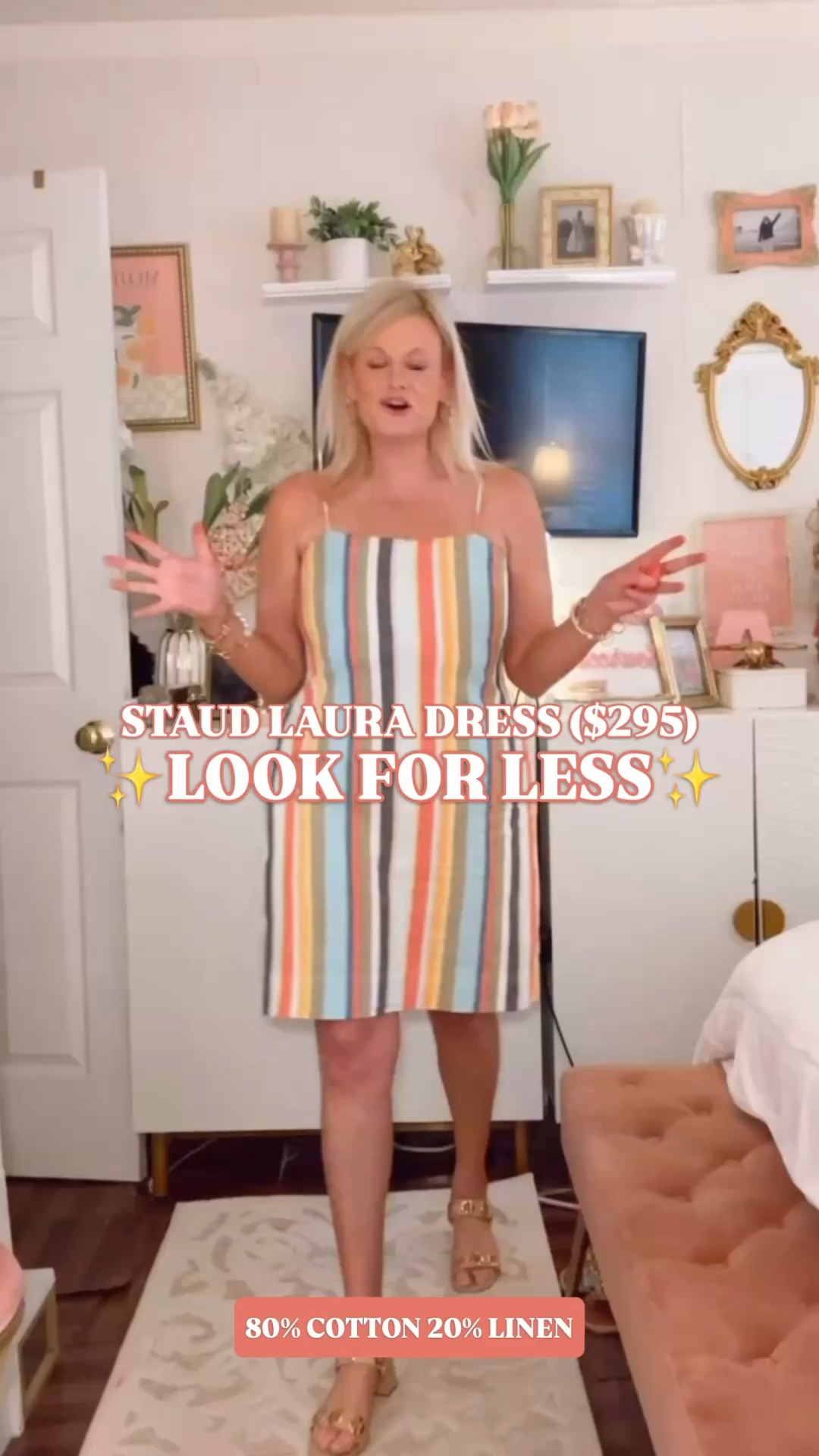 Staud Laura Dress look for less | Target linen dress | Market Stripe dress | summer dress | designer look for less

The Staud Laura Dress in Market Stripe is $295. Target’s version is $25.

The vertical market stripes, square neckline, slim adjustable straps, straight mini shape, elasticized back, keyhole detail, side pocket, and cotton-linen fabric all give the same polished dress effect without the Staud price.

I’m in a medium. It runs true to size, maybe a touch generous. If you are between sizes, go down.

Fabric is 80% cotton and 20% linen with a 100% cotton lining, so it has the breezy woven feel you want for summer. 

The stripe is doing the work here. It turns a simple mini dress into the kind of piece you pack first: beach dinner, resort lunch, patio brunch, casual wedding guest moment, vacation night, date night, lake weekend, coastal shopping day, or any summer plan on your calendar. 

Wear it with gold sandals, raffia slides, pearl earrings, a white button down, flat sandals, or a woven bag.

For $25, the Staud look for less math is almost too easy.

Staud Laura Dress look for less, Staud Laura Dress dupe, Staud Market Stripe look for less, Staud inspired dress, Target linen dress, Target dress, Target mini dress, Target fashion finds, Target style, Target new arrivals, striped mini dress, colorful striped dress, cotton linen dress, linen mini dress, square neck dress, adjustable strap dress, summer dress, summer dresses women, vacation dress, beach vacation outfit, resort outfit, date night dress, casual wedding guest dress, designer look for less

#LTKFindsUnder50 #LTKFindsUnder100 #PreppyStyle #LookForLess #TargetStyle #TargetFinds #GoingViral #Staud #ShiftDress @Target

#LTKTravel #LTKootd #LTKSeasonal