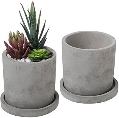 Set of 2 Modern 4-Inch Gray Unglazed Cement Succulent Planter Pots with Removable Saucer | Amazon (US)