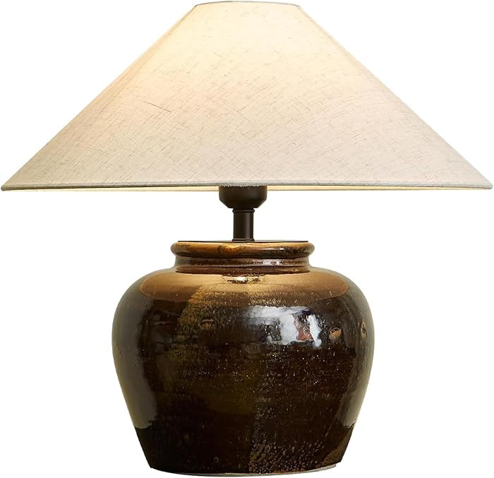 Round Ceramic Lamp Black Table Lamp Modern Gloss Lamp Body with Cream Fabric Shade Nightstand Lam... | Amazon (US)