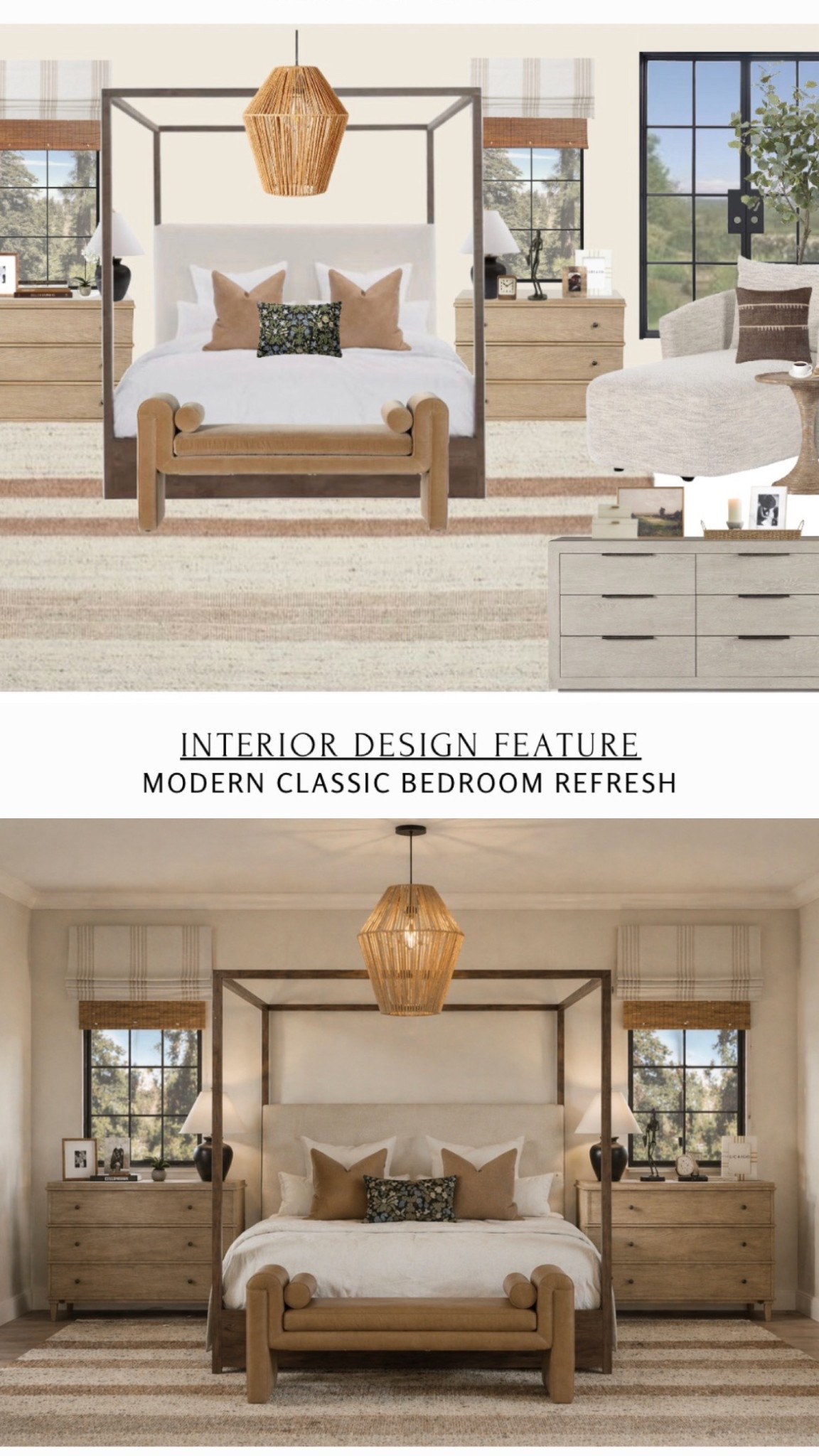 Master bedroom design with four poster canopy bed. Woven pendant light, wool striped area rug, Roman shades and the perfect chaise lounge! 

Love this blend of neutral textures and patterns! 

🏡 Through my flat-rate virtual design packages, I create complete room plans - including layout, furniture selections, finishes and shoppable links - so you can confidently bring your space to life. Visit mendezmanor.com to reserve your package. 👍🏻

#LTKOver40 #LTKmomlife #LTKHome