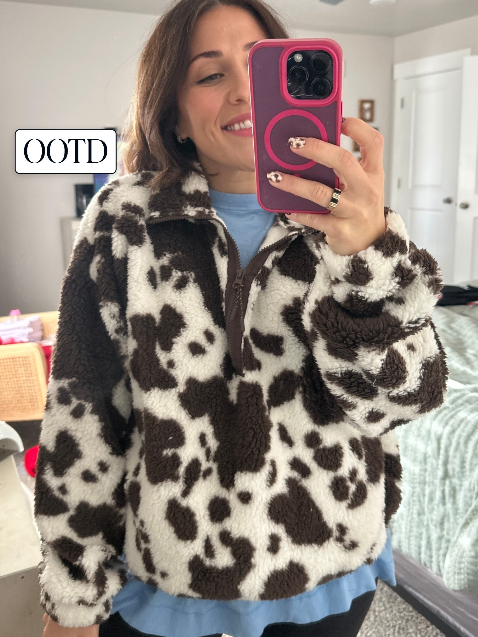 Okay I’m officially obsessed with cow print. Got my nails done in cow print and saw this Sherpa/pull over immediately after and for the price I couldn’t pass it up! 

I grabbed a small! 

#LTKStyleTip #LTKSeasonal #LTKmomlife