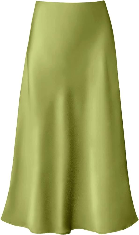 Women's Satin High Waist Hidden Elasticized Waistband Flared Casual A Line Midi Skirt | Amazon (US)
