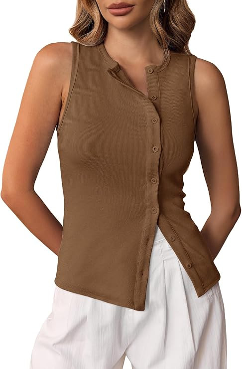 Cicy Bell Womens Button Down Tank Tops Summer Sleeveless Vest Tops Trendy Ribbed Fitted Going Out... | Amazon (US)