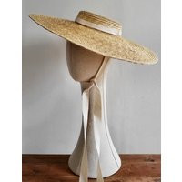 Wide Brimmed Straw Boater Hat With Cream Coloured Ribbons | Etsy (US)