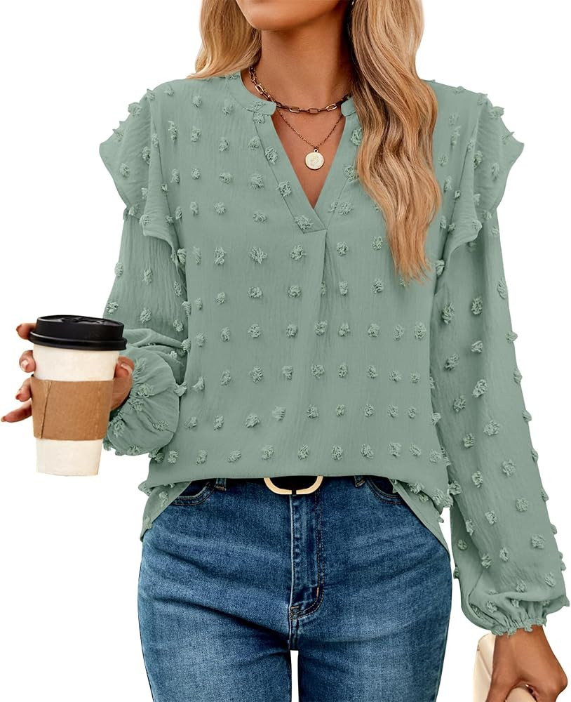 ZESICA Womens Ruffle Long Sleeve Chiffon Blouses V Neck Swiss Dot Fall Shirts Dressy Casual Tunic... | Amazon (US)
