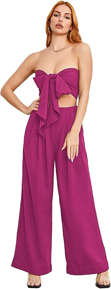 SweatyRocks Women's 2 Piece Sexy Outfits Sleeveless Tie Front Crop Top Wide Leg Pants Set | Amazon (US)