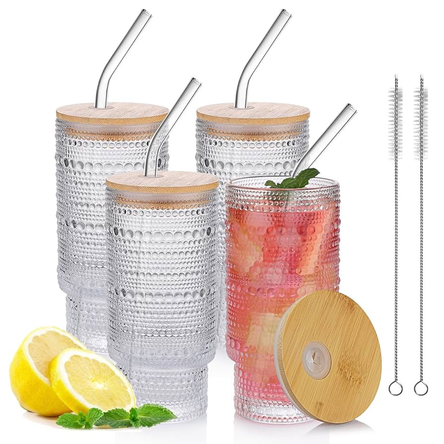 15oz Glass Tumblers with Lids and Straws, 4PCS Glass Cups with Lids and Straws,Iced Coffee Cups w... | Amazon (US)