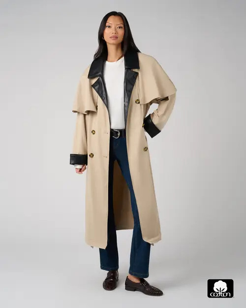 WeWoreWhat Vegan Leather Trim Trench Coat in Taupe/black at Nordstrom, Size Small | Nordstrom