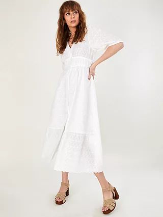 Monsoon Dolly Cotton Scallop Hem Midi Dress, White | John Lewis (UK)