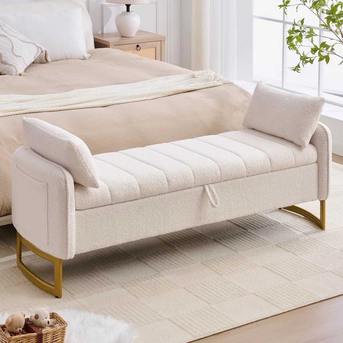 Decorate your living quarters with a cozy accent decor piece. The 66"W Modern Tufted End of Bed King Size Storage Bench for Bedroom with Gold Legs and Two Pillows, Two Armrest Pockets is ON SALE and under $200. Available in multiple colors.

Keywords: Upholstered bench, upholstered bench with storage, storage bench, bedroom, bedroom refresh, home refresh, living room, living room refresh, ottoman with storage, velvet storage bench 

#LTKSaleAlert #LTKSeasonal #LTKHome