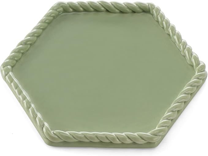 Ceramic Ring Trinket Dish with Handmade Braid Edges-Hexagon Jewery Tray for Rings,Green,Vanlentin... | Amazon (US)